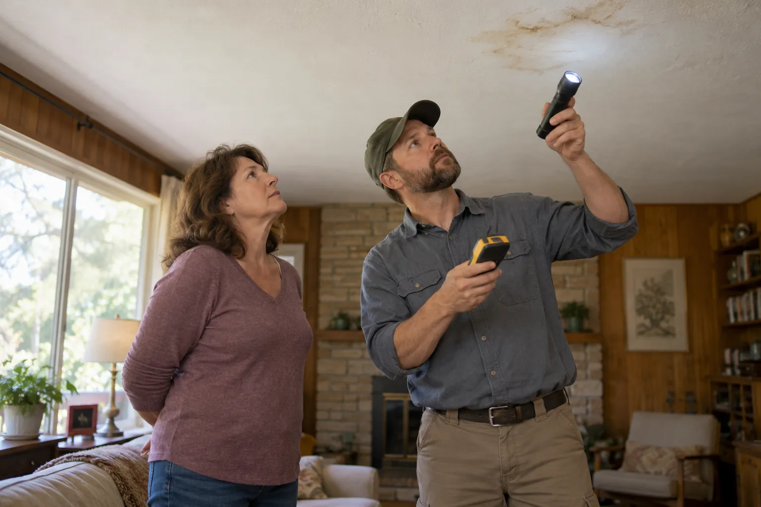 Homeowner checking a ceiling stain with a provider in a Fort Worth home